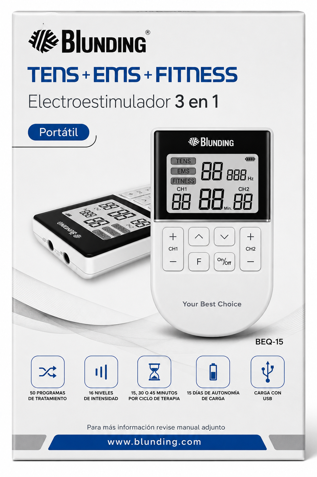 ELECTROESTIMULADOR PORTÁTIL BLUNDING TENS + EMS + FITNESS 3 EN 1 (BEQ-15)