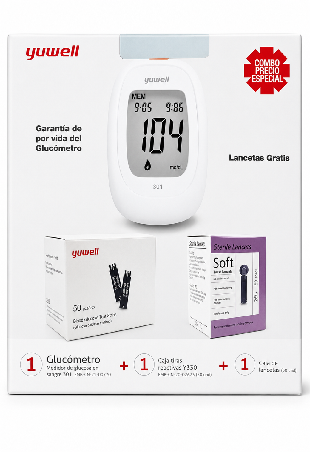COMBO DE GLUCÓMETRO CON 50 TIRAS Y 50 LANCETAS YUWELL