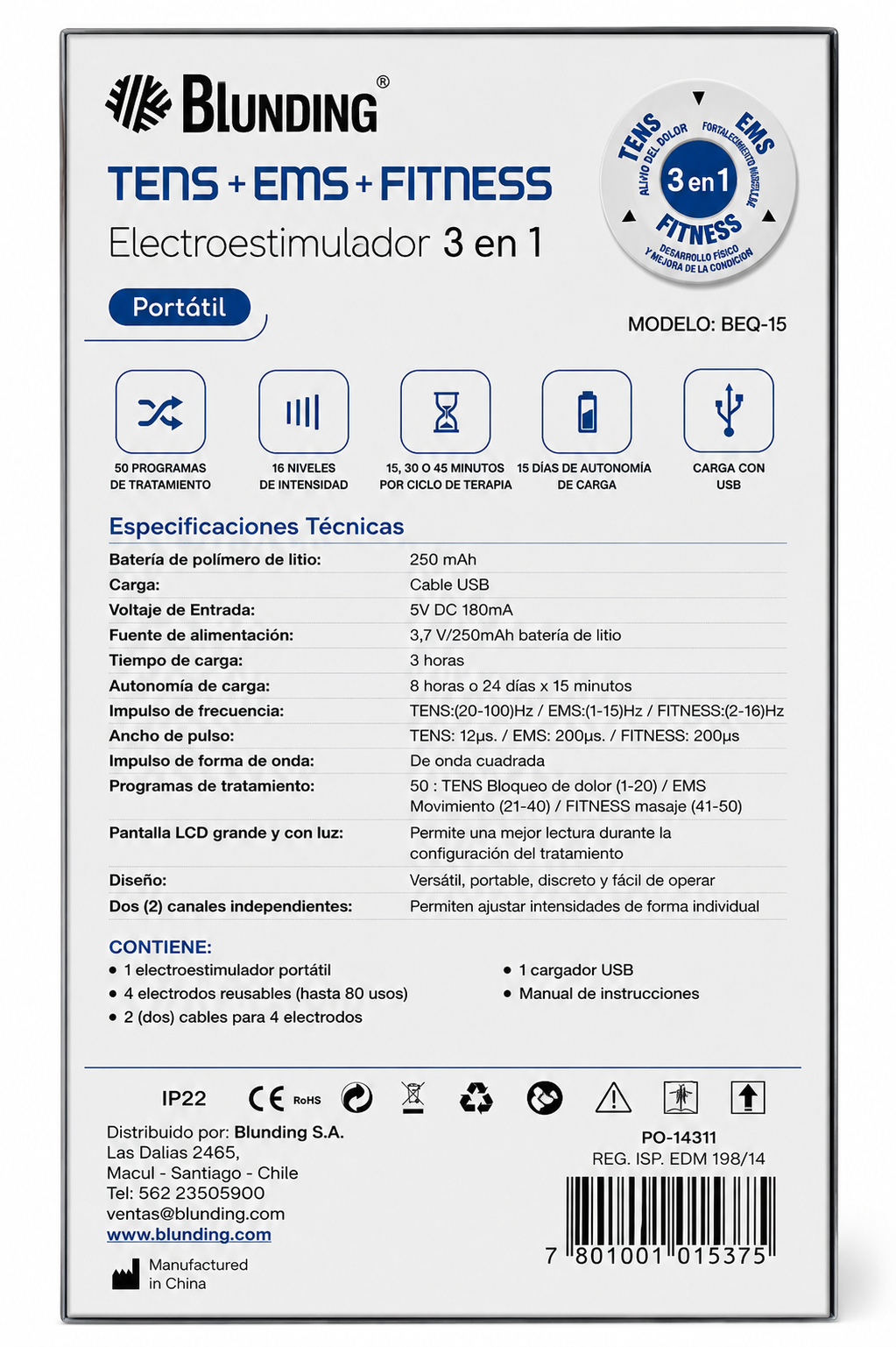 ELECTROESTIMULADOR PORTÁTIL BLUNDING TENS + EMS + FITNESS 3 EN 1 (BEQ-15) 3
