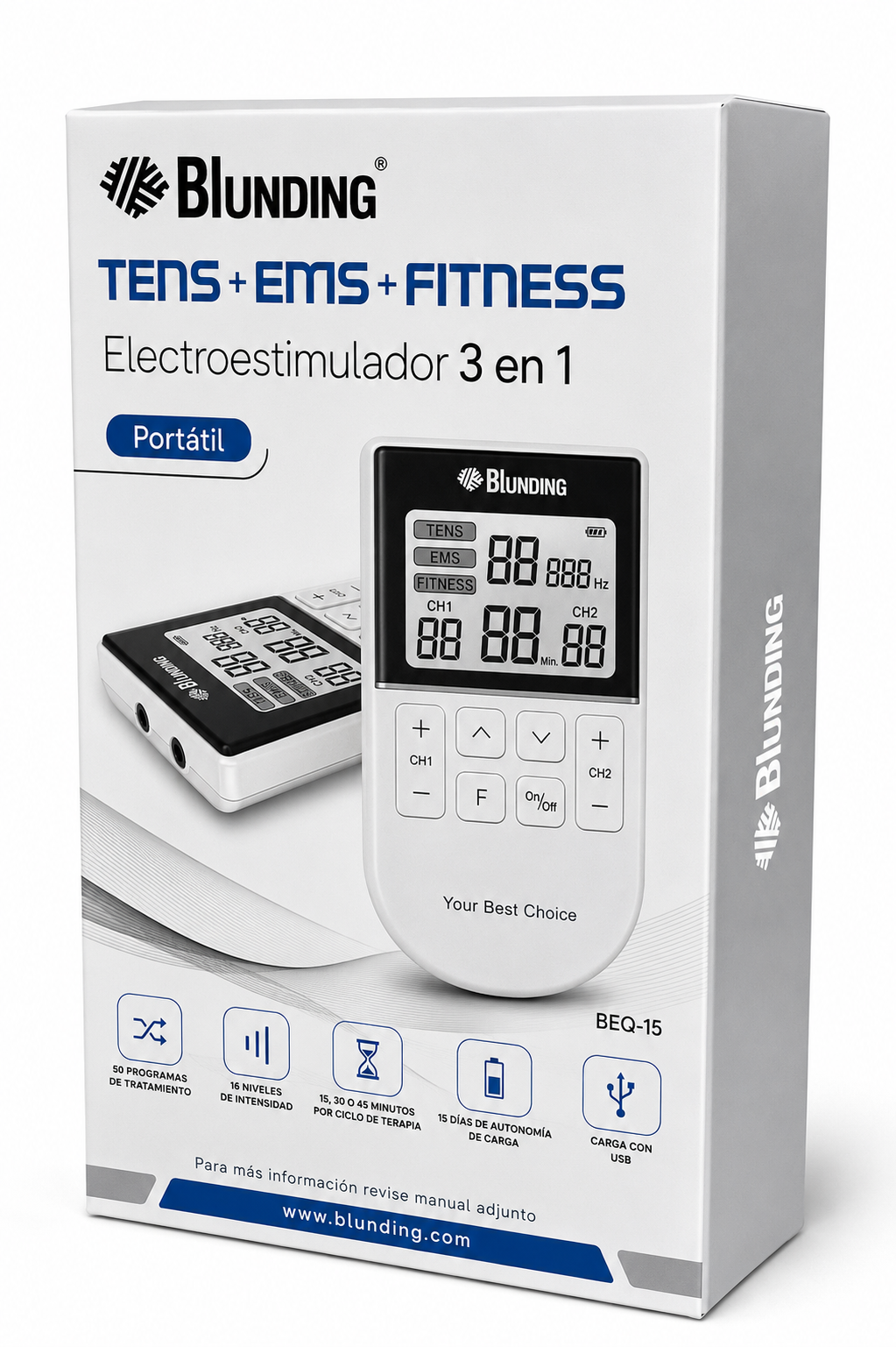 ELECTROESTIMULADOR PORTÁTIL BLUNDING TENS + EMS + FITNESS 3 EN 1 (BEQ-15) 2