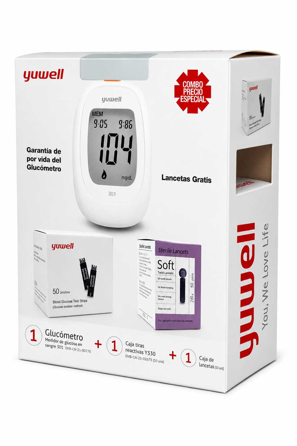 COMBO DE GLUCÓMETRO CON 50 TIRAS Y 50 LANCETAS YUWELL 2